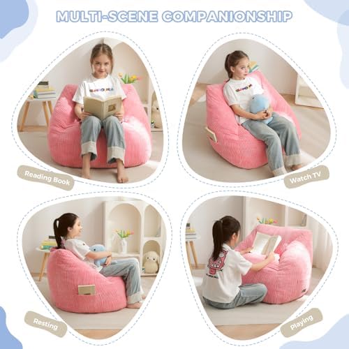 MAXYOYO Kids Bean Bag Chair, Bean Bag Couch with Handle, Comfy Toddler Chair for Boys and Girls, Accent Sofa Chair with Pocket for Gaming Reading Relaxing, Pink