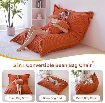 MAXYOYO Giant Bean Bag Chair with Pillow, 3 in 1 Convertible Bean Bag Chair for Adults with Removable Cover, Floor Cushion Stuffed Floor Lounger for Living Room Bedroom, Grey