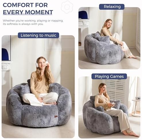 MAXYOYO Bean Bag Chair for Adults, Floral Shaped Bean Bag Sofa, Ultra Soft Faux Fur Floor Sofa, Large Reading Chair for Living Room Bedroom, Beige, Single