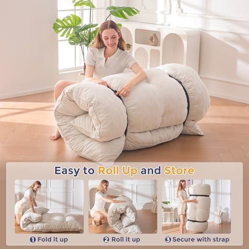 MAXYOYO Japanese Floor Mattress Full Size, 6" Foldable Futon Mattress Tufted Roll Up Floor Bed, Thick Chenille Tatami Mat Sleeping Pad for Camping Guest Room Dormitory Bedroom RV, Navy