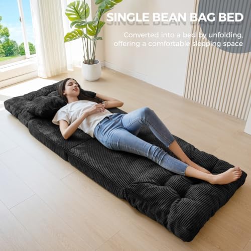 MAXYOYO Bean Bag Bed Tufted Folding Sofa Bed with Pillows, Extra Thick and Long Floor Mattress for Adults, Single Couch Bed for Bedroom Living Room, Beige, 30x91 Inch