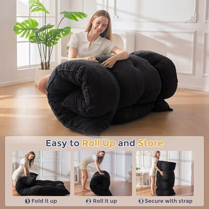 MAXYOYO Japanese Floor Mattress Full Size, 6" Foldable Futon Mattress Tufted Roll Up Floor Bed, Thick Chenille Tatami Mat Sleeping Pad for Camping Guest Room Dormitory Bedroom RV, Navy