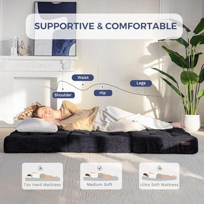 MAXYOYO Tri-Fold Mattress, 6 Inch Tufted Folding Mattress Full Foam Bed, Foldable Floor Couch Guest Bed Topper Portable Camping Sleeper with Corded Fabric, Dark Grey, 53"x75"