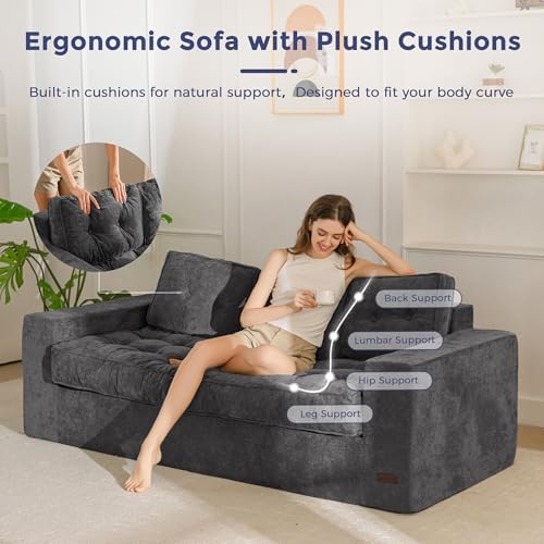 MAXYOYO Bean Bag Chair for Adults, Upholstered Floor Sofa with Armrests, Loveseat Boneless Couch with Tufted Cushion &amp; Backrest, Sofa in A Box, Large Bean Bag Couch for Bedroom Living Room, Black