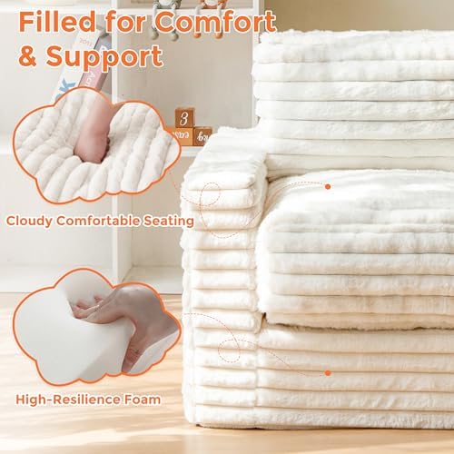 MAXYOYO Kids Bean Bag Chair, Comfy Faux Fur Bean Bag Sofa with Filler, Upholstered Floor Sofa with Pillows and Armrests, Lazy Floor Chair Couch for Boys and Girls, Pink