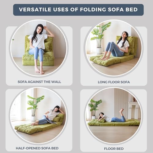 MAXYOYO Bean Bag Bed Tufted Folding Sofa Bed with Pillows, Extra Thick and Long Floor Mattress for Adults, Single Couch Bed for Bedroom Living Room, Beige, 30x91 Inch