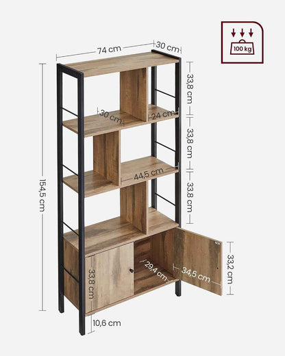 Étagère, Bibliothèque À 4 Niveaux, Meuble De Rangement, Placad, Avec Portes, Grand, Cadre En Acier, Pour Salon, Bureau, Chambre, Style Industriel, Marron Camel Et Noir D'Encre LBC022B50