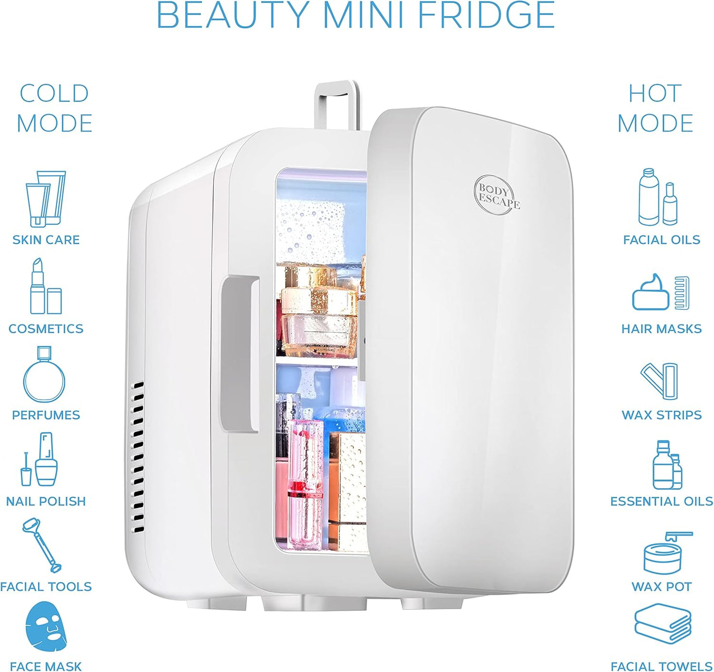 Body Escape Mini Réfrigérateur Pour Soins De La Peau Et Maquillage - Mini Réfrigérateurs Beauté À Porte En Verre - Réfrigérateur Portable, Compact, Et Silencieux Pour Le Maquillage - 6L - Blanc