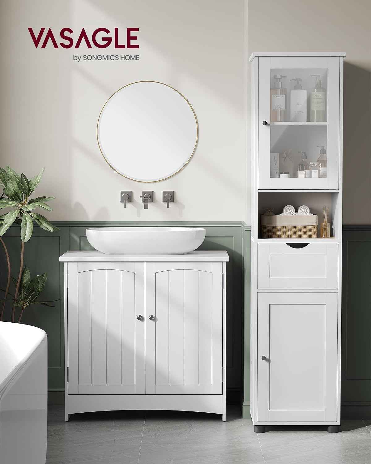 Meuble Salle De Bain, Colonne, Rangement Avec Étagères Réglables, Placards À Porte, Tiroir, Compartiment, Gain De Place, Blanc Nuage BBK163W01