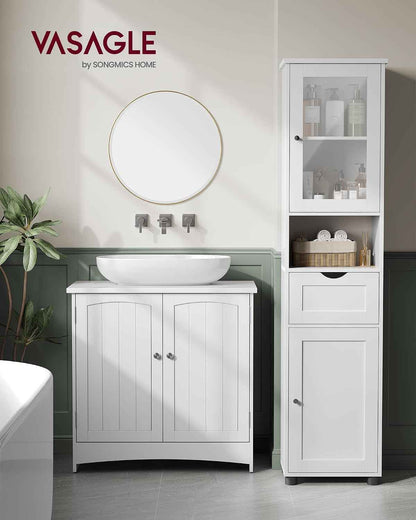 Meuble Salle De Bain, Colonne, Rangement Avec Étagères Réglables, Placards À Porte, Tiroir, Compartiment, Gain De Place, Blanc Nuage BBK163W01