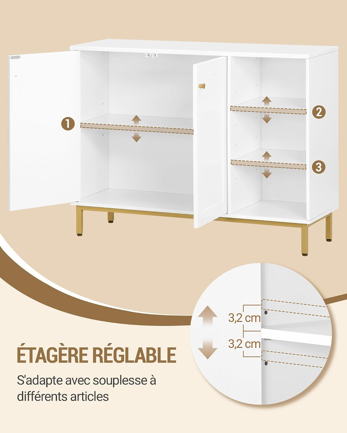 Meuble De Salle De Bain Avec 2 Portes, 3 Compartiments Ouverts | Meuble De Rangement Et Étagères Réglables, Armoire Sur Pied, Pour Salon, Entrée, 35 X 100 X 75 Cm, Blanc-Or SC10203G