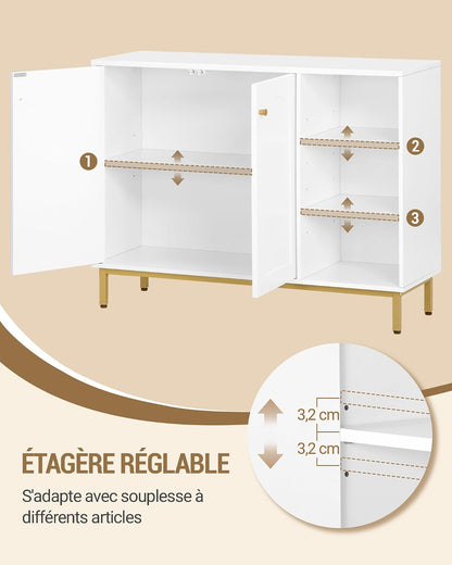 Meuble De Salle De Bain Avec 2 Portes, 3 Compartiments Ouverts | Meuble De Rangement Et Étagères Réglables, Armoire Sur Pied, Pour Salon, Entrée, 35 X 100 X 75 Cm, Blanc-Or SC10203G