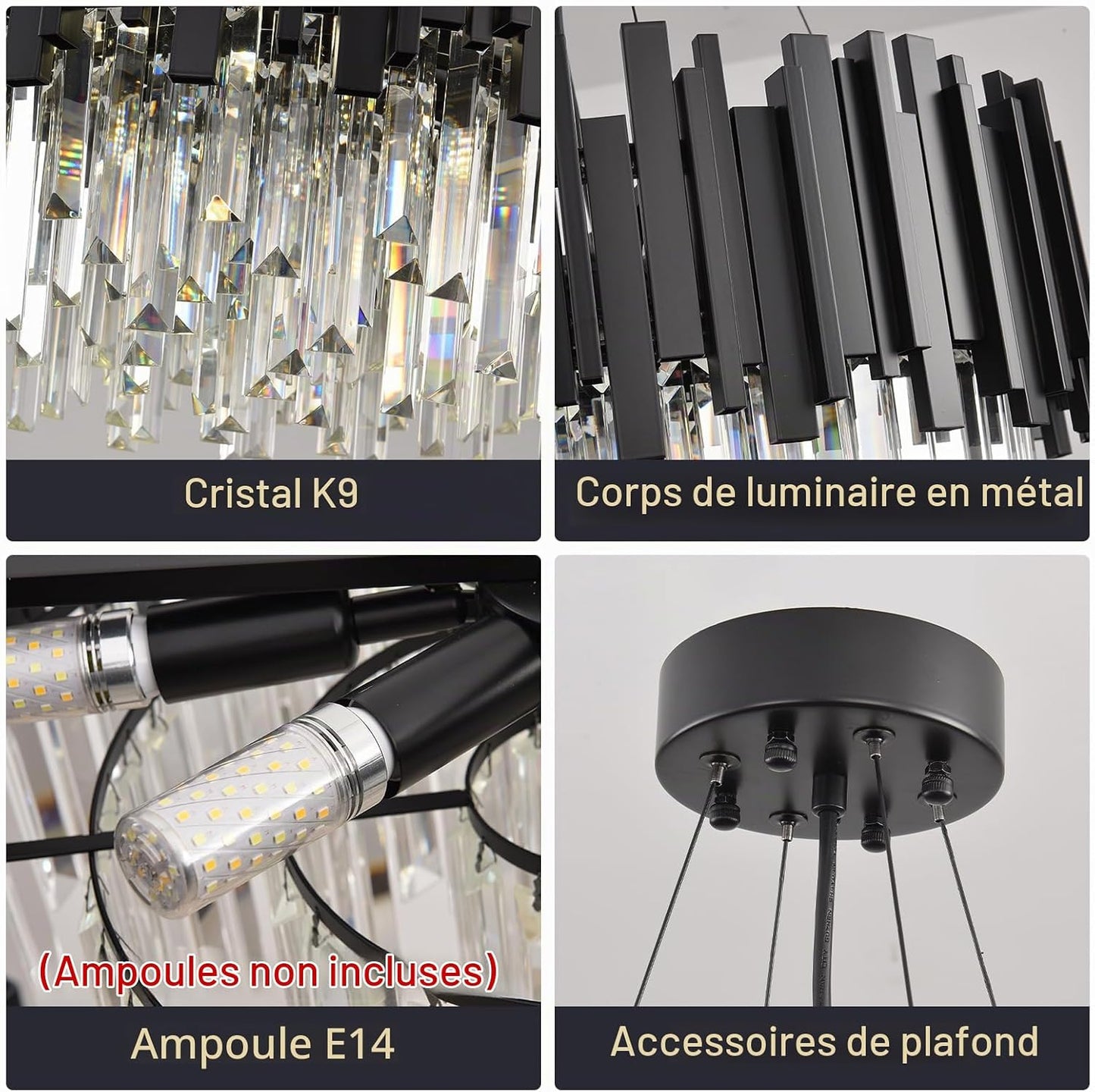 Lustre En Cristal Moderne,2 En 1 Chandelier En Cristal Moderne Pendentif En Or,9Xe14 Lampe À Pendentif En Cristal Rond Pour Salle À Manger, Cuisine, Salon, Chambre, Couloir(55 * 55 Cm,Noir)