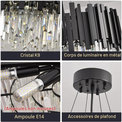 Lustre En Cristal Moderne,2 En 1 Chandelier En Cristal Moderne Pendentif En Or,9Xe14 Lampe À Pendentif En Cristal Rond Pour Salle À Manger, Cuisine, Salon, Chambre, Couloir(55 * 55 Cm,Noir)