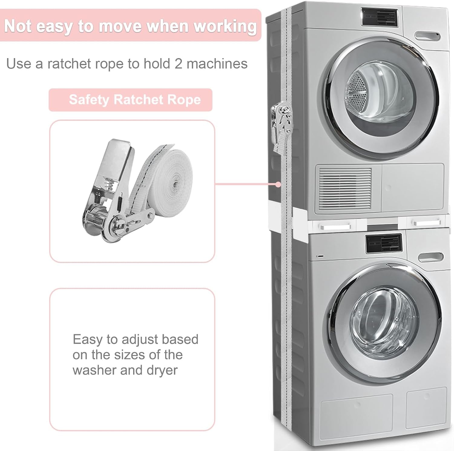 Kit De Superposition Universel, Avec 6 Tiges Télescopiques | Universel Cadre Intermédiaire Pour Lave-Linge Et Sèche-Linge Avec Corde À Cliquet, Taille Réglable（Largeur: 56-69Cm）