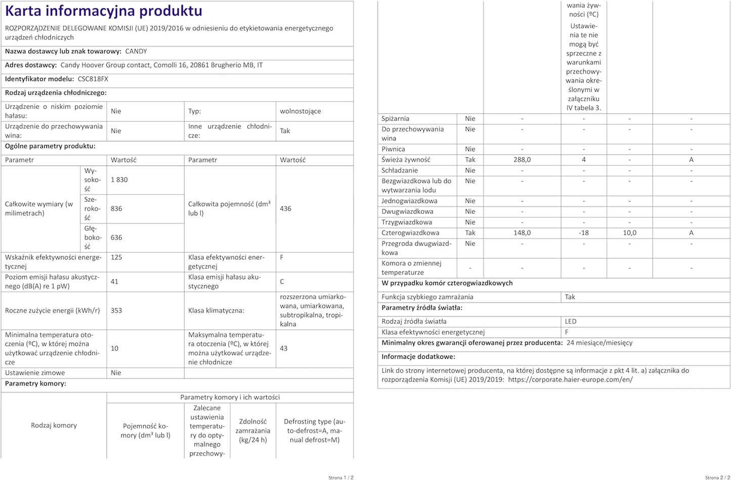CSC818FX Réfrigérateur Combiné - Pose Libre, 436L (Réfrigérateur 288L + Congélateur 148L), 4 Portes, No Frost, Gris, Classe F