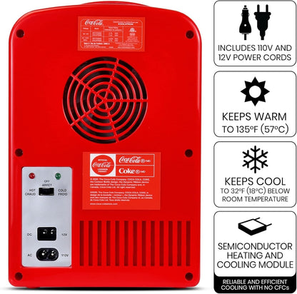 Coca Cola Mini Fridge Polar Bear 4 Liter/6 Can Portable Fridge/Mini Cooler for Food, Beverages, Skincare -Use at Home, Office, Dorm, Car, Boat-Ac & DC Plugs Included, Red [Energy Class A]