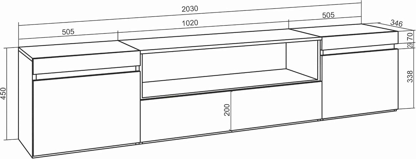 | Meuble TV | Banc Télé | Grand Espace De Rangement | 200X45X35Cm | Pour Les TV Jusqu'À 80" | Cheminée Électrique | Style Moderne | Chêne Et Noir