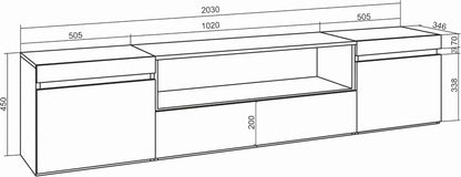| Meuble TV | Banc Télé | Grand Espace De Rangement | 200X45X35Cm | Pour Les TV Jusqu'À 80" | Cheminée Électrique | Style Moderne | Chêne Et Noir
