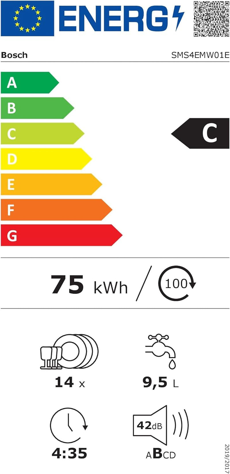 SMS4EMW01E - Série 4 - Lave-Vaisselle Pose-Libre - 60 Cm - 14 Couverts - Silence plus 42 Db - Blanc