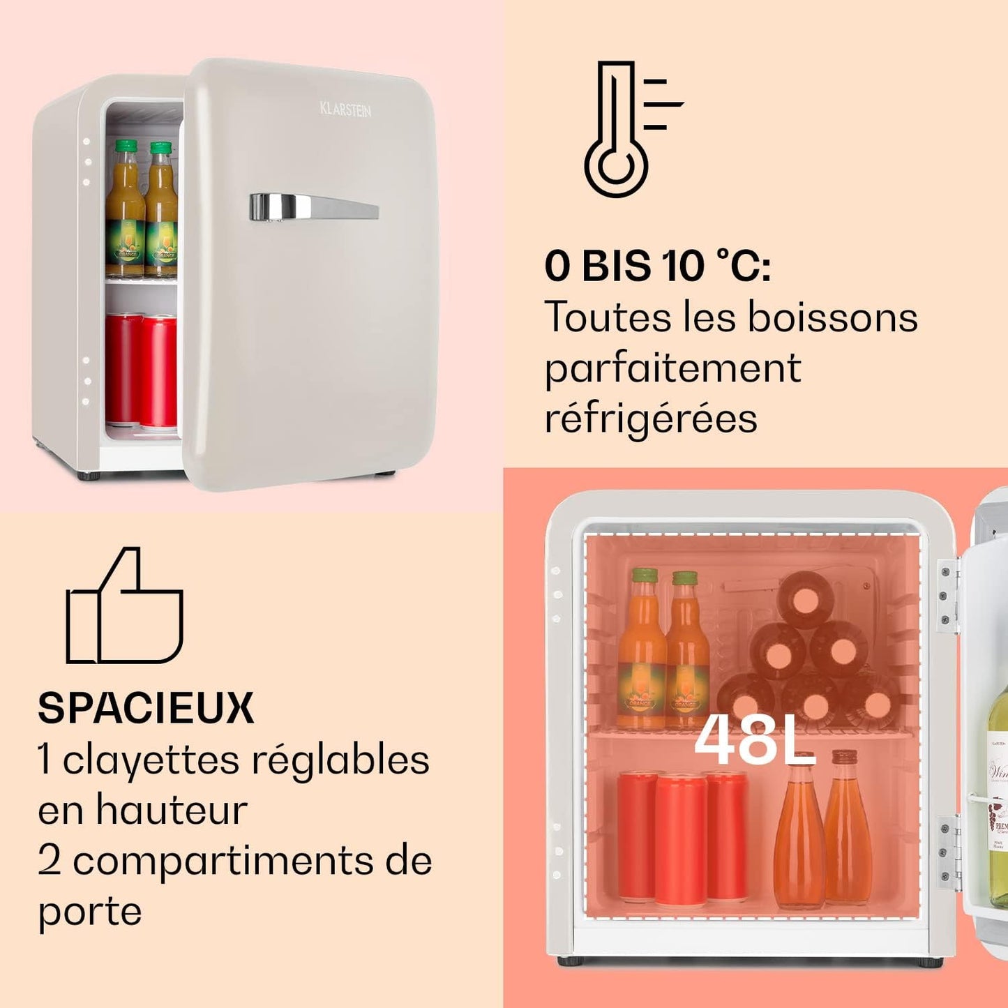 Mini Frigo De Chambre De 48L Pour Snacks Et Boissons, Petit Frigo Top Silencieux, Mini Bar, Petit Réfrigérateur Camping, Mini Frigo Cosmetique, Refrigerateur Avec Étagères Réglables, 0-10°C