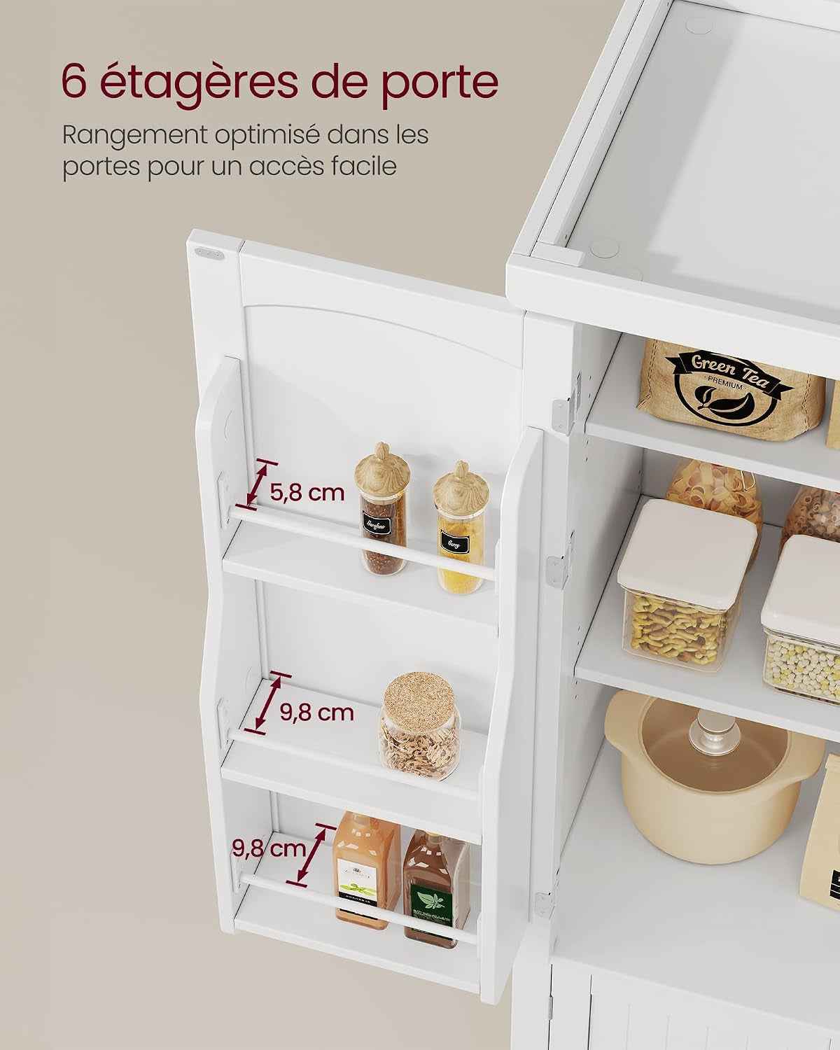 Buffet Haut Cuisine, Meuble De Rangement, Armoire, Vaisselier, 40 X 76 X 135,8 Cm, Grand Espace, 2 Planches Réglables, 6 Étagères De Porte, Pour Salon, Cuisine, Blanc BBC671HW01
