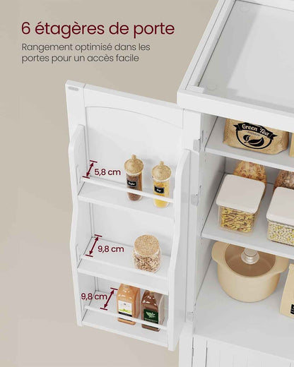 Buffet Haut Cuisine, Meuble De Rangement, Armoire, Vaisselier, 40 X 76 X 135,8 Cm, Grand Espace, 2 Planches Réglables, 6 Étagères De Porte, Pour Salon, Cuisine, Blanc BBC671HW01