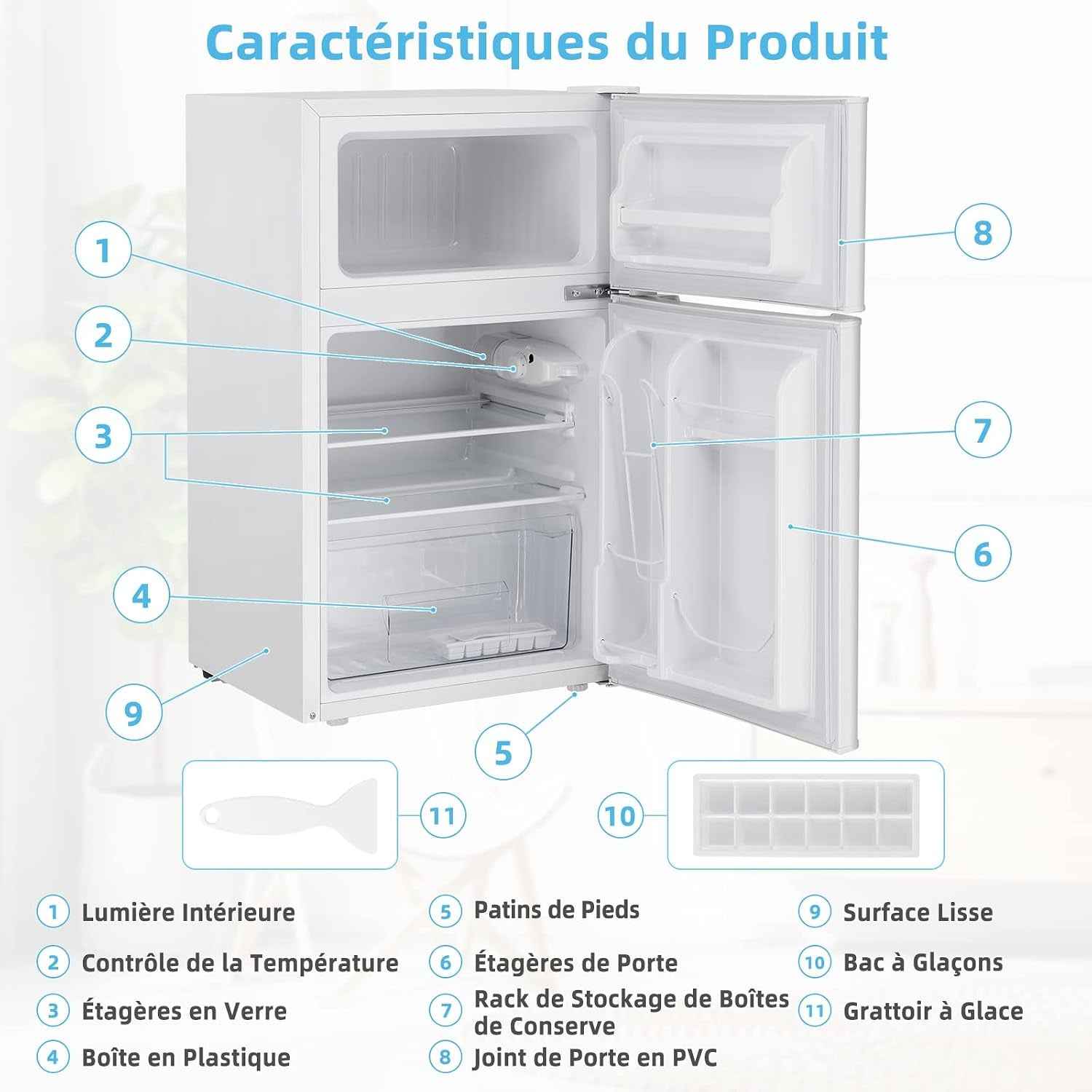Réfrigérateur À Double Porte 90 L, Réfrigération Rapide, Économie D'Énergie, Réfrigérateur En Métal Avec 7 Niveaux De Température, 48,5 X 49,5 X 86 Cm (Blanc)