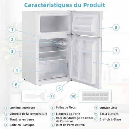 Réfrigérateur À Double Porte 90 L, Réfrigération Rapide, Économie D'Énergie, Réfrigérateur En Métal Avec 7 Niveaux De Température, 48,5 X 49,5 X 86 Cm (Blanc)