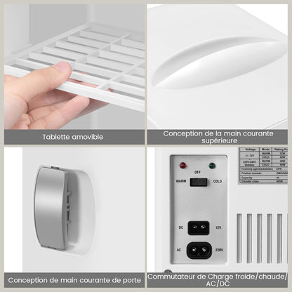 Mini Frigo Portable 4L, Mini Réfrigérateur Cosmétique, Mini Glacière Électrique, Fonction Froid/Chaud, Avec Câble AC 220V/ DC 12V Pour Voiture, Bureau, Chambre (Blanc)