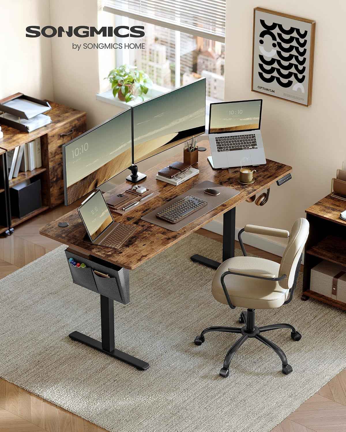 Bureau Électrique Réglable En Hauteur, 160 X 70 Cm, Table Assis-Debout, Fonction Mémoire 4 Hauteurs, Pour Bureau, Télétravail, Marron Rustique Et Noir D'Encre LSD136K01