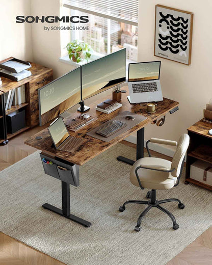 Bureau Électrique Réglable En Hauteur, 160 X 70 Cm, Table Assis-Debout, Fonction Mémoire 4 Hauteurs, Pour Bureau, Télétravail, Marron Rustique Et Noir D'Encre LSD136K01
