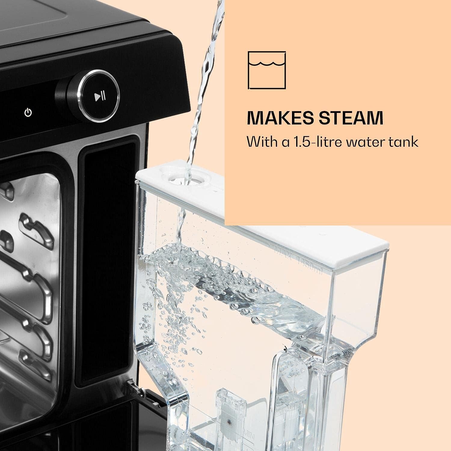 Vaporchef - Four Vapeur Encastrable, Four Posable, Cuiseur Vapeur Sur Pied, 230 ° C, Réservoir D'Eau 1,5 L, Molette De Commande, CEE A, Grill, Friture À Air, 31 L - Noir