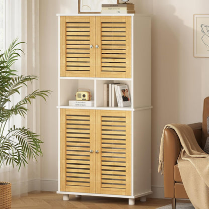 Meuble De Rangement, Meuble Colonne Pour Salle De Bain Avec 4 Portes En Bambou, 2 Étagères Réglables Et Ouvertes, Armoire De Salle De Bain Pour Salon Et Cuisine, 60 X 30 X 128 Cm, Blanc