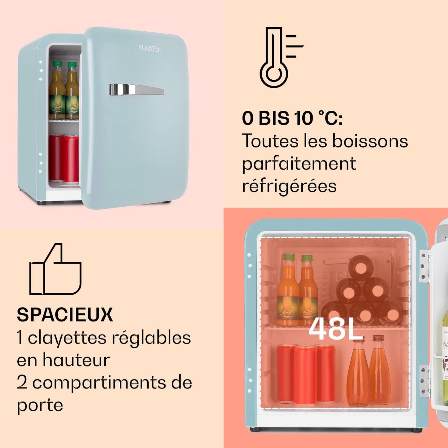Mini Frigo De Chambre De 48L Pour Snacks Et Boissons, Petit Frigo Top Silencieux, Mini Bar, Petit Réfrigérateur Camping, Mini Frigo Cosmetique, Refrigerateur Avec Étagères Réglables, 0-10°C