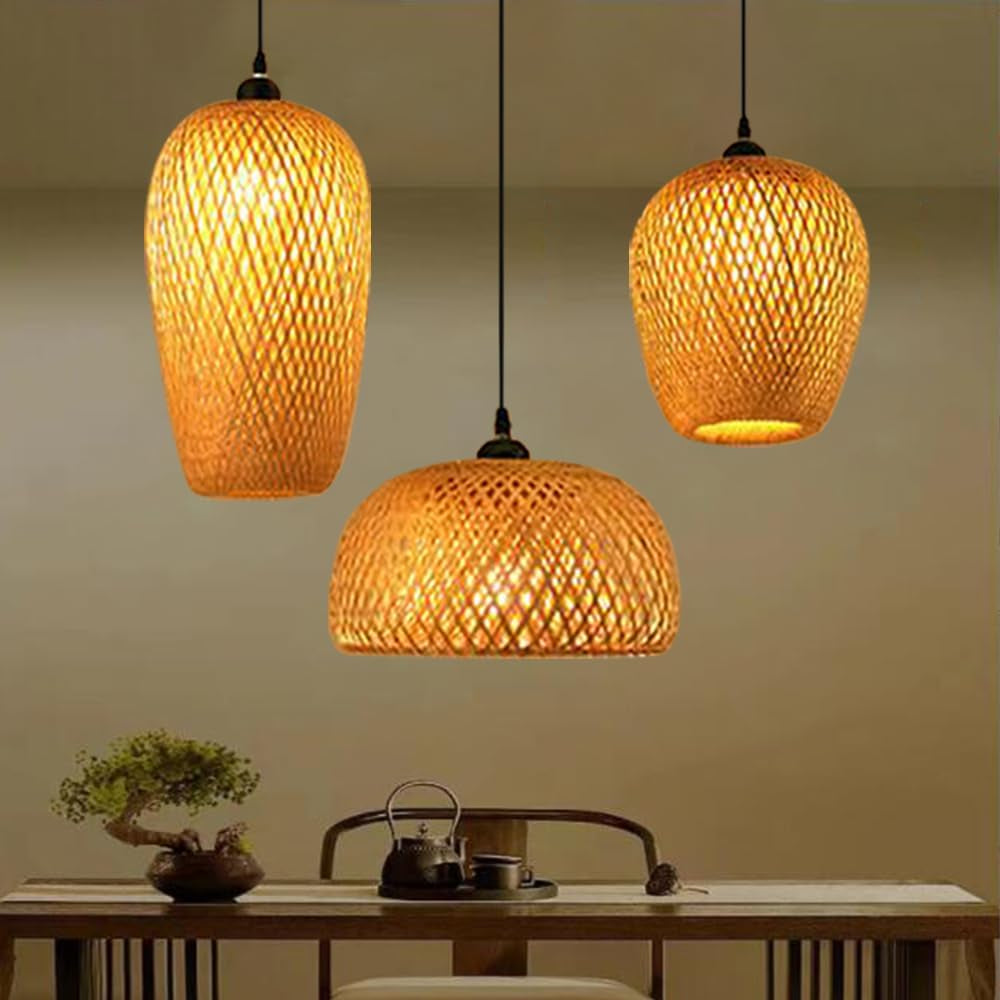 Lustre Industriel 3 Lampes Suspendue Bambou Tissé À La Main Lampe Vintage Pendentif Rotin Lampe À Suspension Abat-Jour En Osier Naturel Luminaire Plafonnier E27 Pour Chambre Salon Cuisine Salle,A