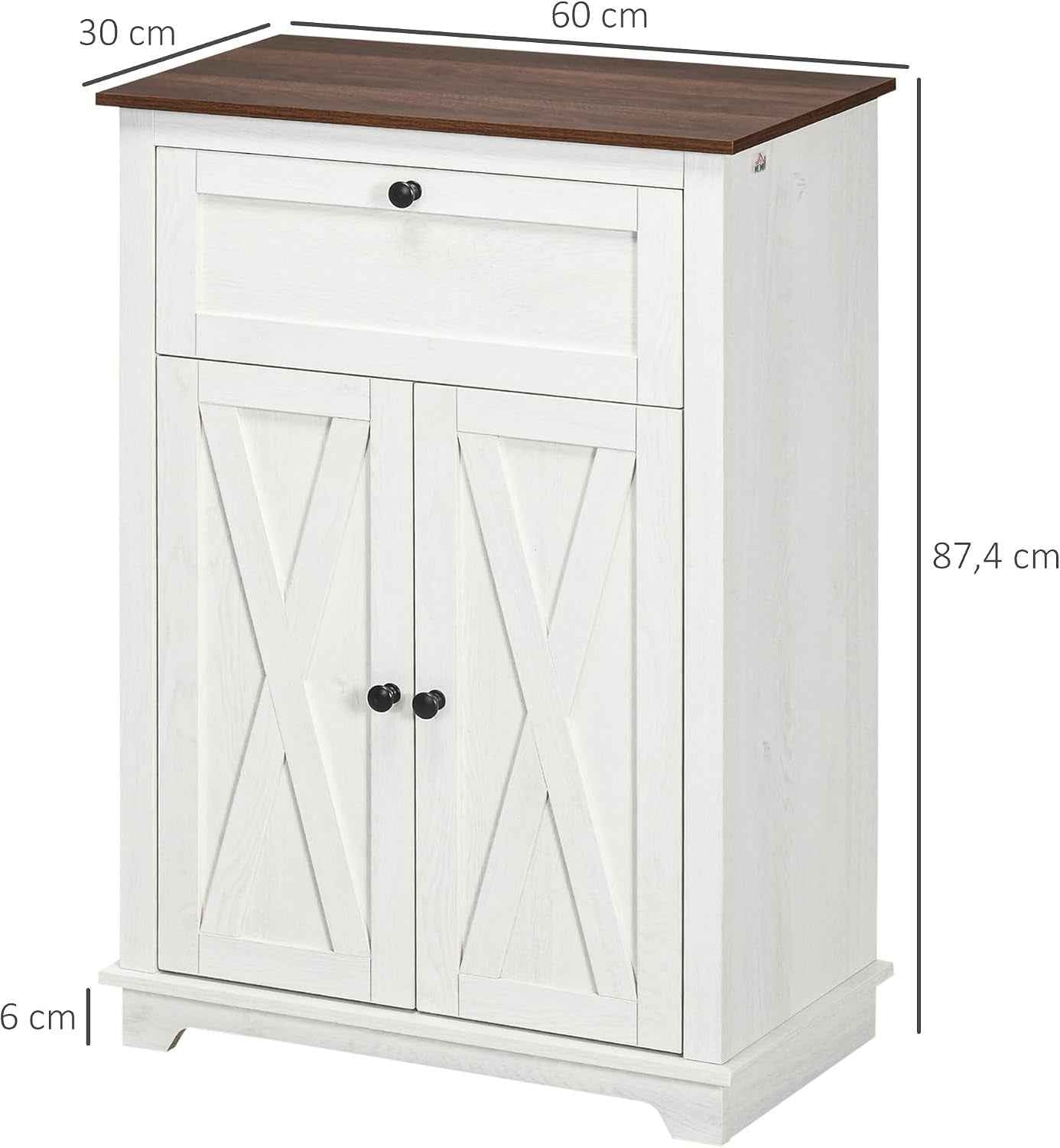 Buffet De Cuisine Multi-Rangements 2 Portes 60 X 30 X 87,5 Cm Blanc | Étagère Réglable, 1 Tiroir, Design Campagne, Pour Salon Chambre Cuisine