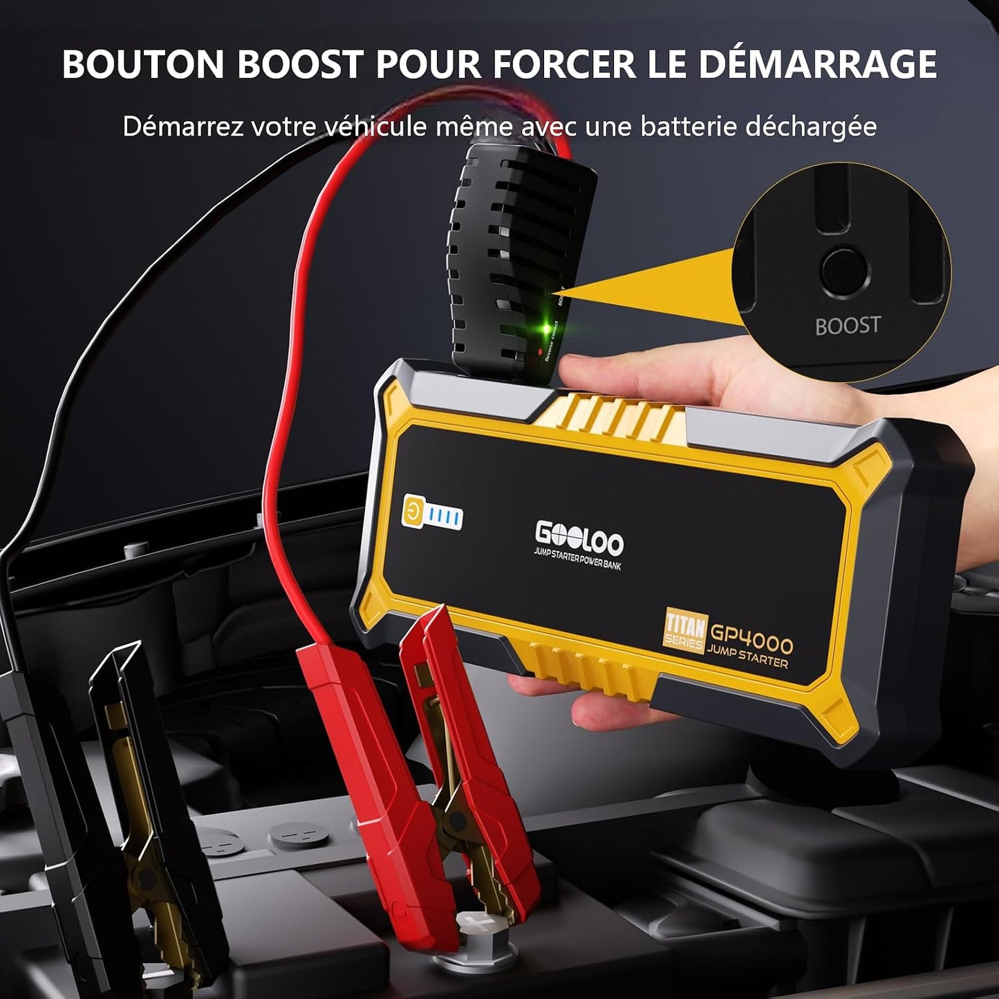 GP4000 Booster Batterie 4000A,12V Jump Starter | Démarreur Voiture Portable, Tous Essences 10L Diesel, Pinces Intelligentes Supersafe, Lampe LED, Charge Rapide QC3.0