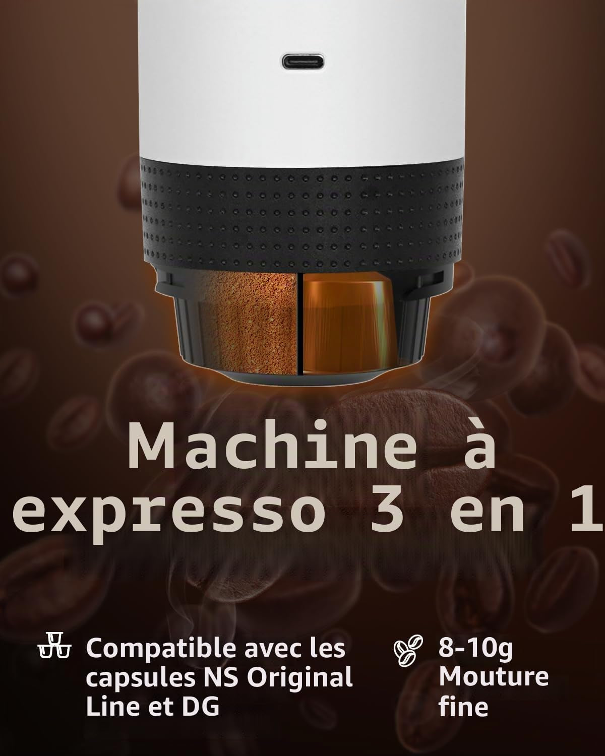 Machine À Expresso Électrique Portable, Cafetière De Voyage Pour Le Camping, Cafetière À Piles Compatible Avec Le Café Moulu Et Les Capsules NS, Blanche