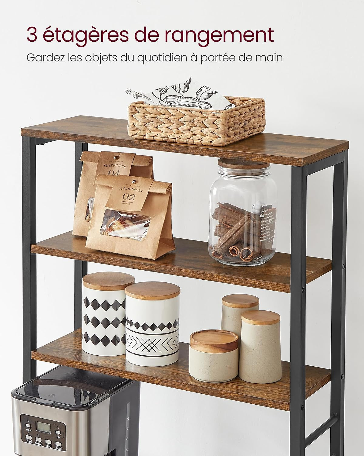 Étagère De Cuisine, Étagère Pour Machine À Café, 6 Étagères Et 6 Crochets, Pour Four À Micro-Ondes, Cadre En Acier, Style Industriel, 40 X 60 X 167 Cm, Marron Rustique Et Noir KKS024B01