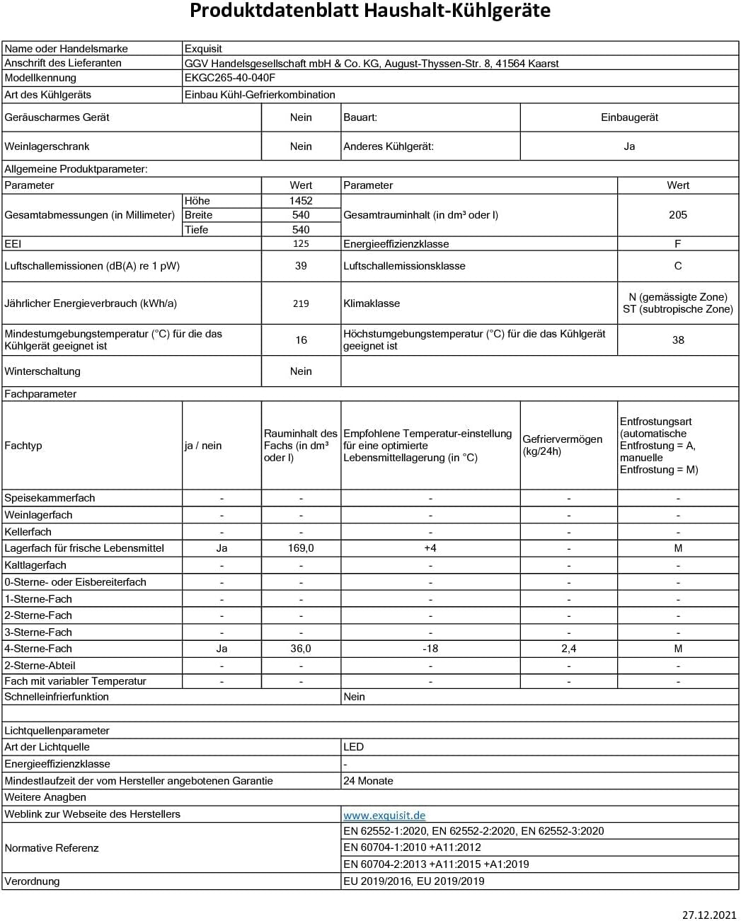 Exquisit Réfrigérateur Encastrable EKGC265-40-040F - Montage De Porte - Capacité Utile : 205 L - Blanc