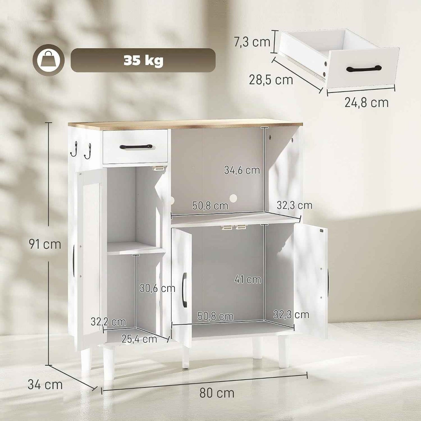 Buffet Cuisine 1 Tiroir 3 Portes 80 X 34 X 91 Cm Blanc Et Chêne | Meuble De Rangement, 1 Porte En Acrylique Cannelée, Étagère Ouverte, Style Moderne, Pour Salon Et Chambre