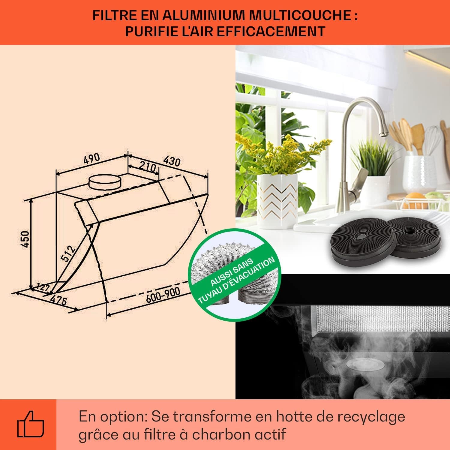 Hotte Aspirante 90Cm, Hottes De Cuisine Inclinées, Filtre De Hotte En Aluminium, Débit D'Air Puissant 641M³/H, LED, Ecran Tactile, Extracteur D'Air Silencieux, Efficace Avec Evacuation