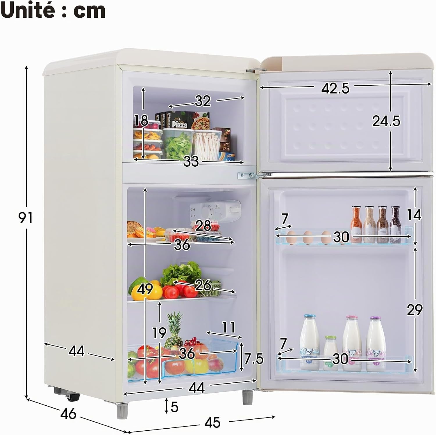 Réfrigérateur Rétro À Double Porte, 72 Litres, Avec Compartiment Congélateur De 21 Litres, 120 Kwh/An, Éclairage LED - Blanc