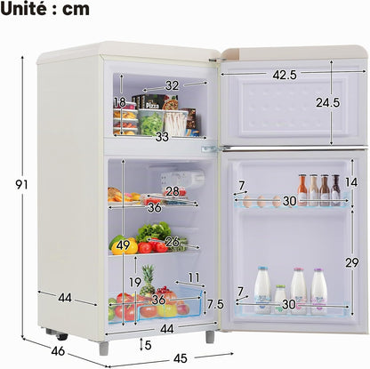 Réfrigérateur Rétro À Double Porte, 72 Litres, Avec Compartiment Congélateur De 21 Litres, 120 Kwh/An, Éclairage LED - Blanc