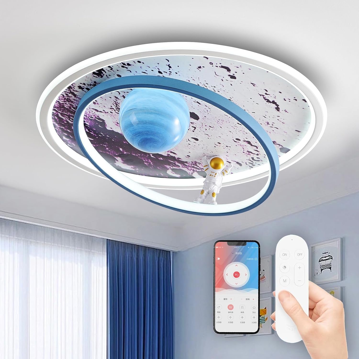 Plafonnier LED Enfant, Moderne Lune Astronaute Plafonnier, Dimmable Acrylique Lumière Éclairage Avec Télécommande, Garçons Et Filles Chambre Enfants Bébé Chambre Décoration Lustre