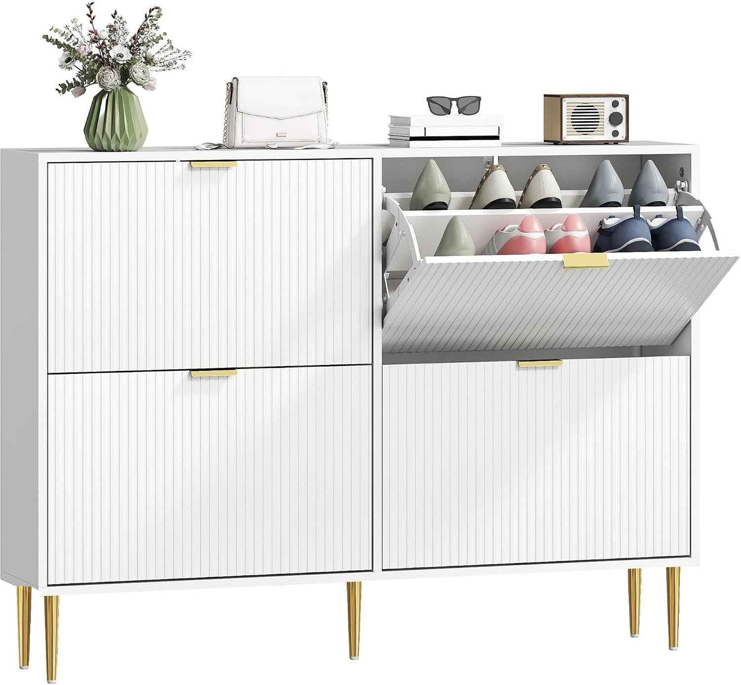 Meuble À Chaussures 20 Paires 4 Tiroirs 105 X 24 X 91,5 Cm Blanc | Armoire À Chaussures Étroite Moderne, Portes Cannelées, Étagères Réglables, Pour Couloir Et Entrée
