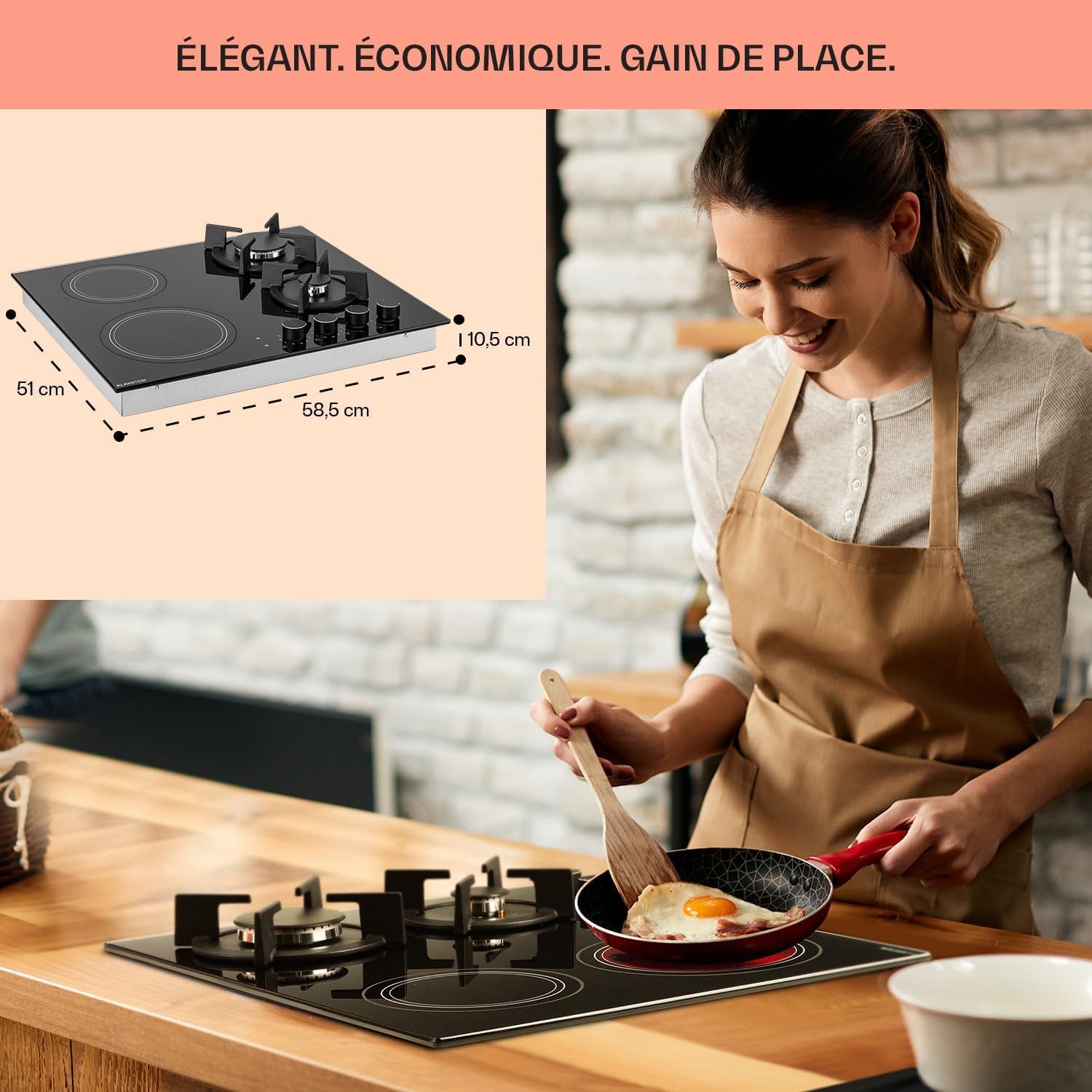 Plaque De Cuisson Gaz Et Vitrocéramique 4 Feux, Table De Cuisson À Gaz, Plaque Et Vitro De 6.4Kw En Acier Inoxydable, De Vitroceramique Encastrable, Mixte