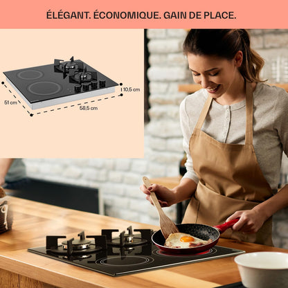 Plaque De Cuisson Gaz Et Vitrocéramique 4 Feux, Table De Cuisson À Gaz, Plaque Et Vitro De 6.4Kw En Acier Inoxydable, De Vitroceramique Encastrable, Mixte