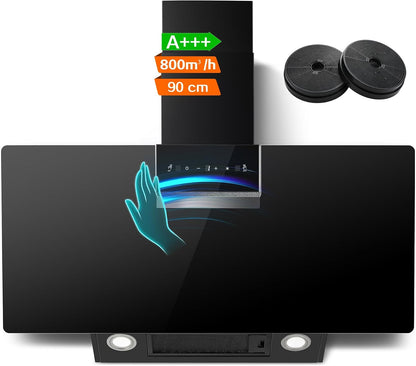 A+++ Hotte Aspirante 90 Cm, 800 M³/H, Contrôle Gestes & Tactile | Hotte De Cuisine 3 Vitesses + Mode Booster, Filtre À Charbon Actif, Recyclage/Évacuation, Panneau Verre Tactile, Hotte Noire